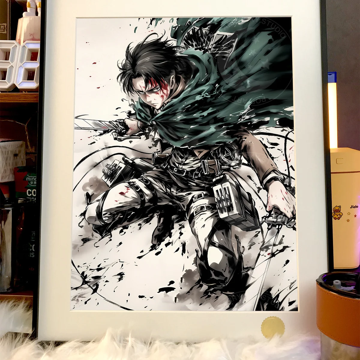 Premium framed Celestial Ink Wash Levi Ackerman art print. Limited edition Attack on Titan piece, showcasing dramatic starry sky and intricate ink design.