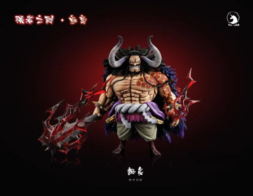 "Dynamic MDS Studio One Piece Kaido human form statue. Showcases interchangeable weapons, fierce battle effects, intense Haki, and detailed sculpture."