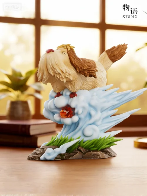 Enchanting transparent Calcifer and Heen Dog Ghibli desktop figure in a whimsical cloud-borne flying adventure. A charming resin statue.
