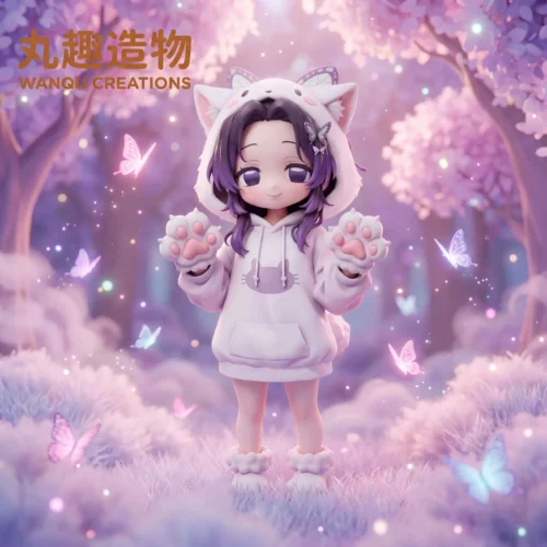 "Adorable Q-version Shinobu Kocho figure from Demon Slayer, featuring charming cat ears, delicate butterflies, and a serene pose."