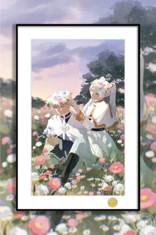 "Limited Edition Frieren & Himmel decorative painting from Frieren: Beyond Journey's End, showcasing their serene bond in a premium framed art print."