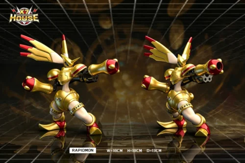 "Golden Rapidmon Digimon resin statue by X7-HOUSE Studio. Hand-crafted limited edition collectible, showcasing intricate metallic gold armor."