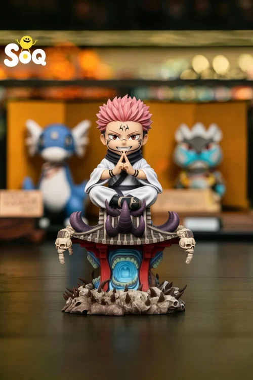 "Premium Jujutsu Kaisen Ryomen Sukuna chibi statue, showcasing a detailed Q-version Sukuna with multiple arms on his intricate Malevolent Shrine."
