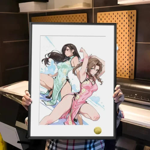 A3 & 4K Size Cheongsam Tifa Lockhart & Aerith Gainsborough Decorative Painting - (FF7) Final Fantasy VII - HuangGua Studio - Image 1