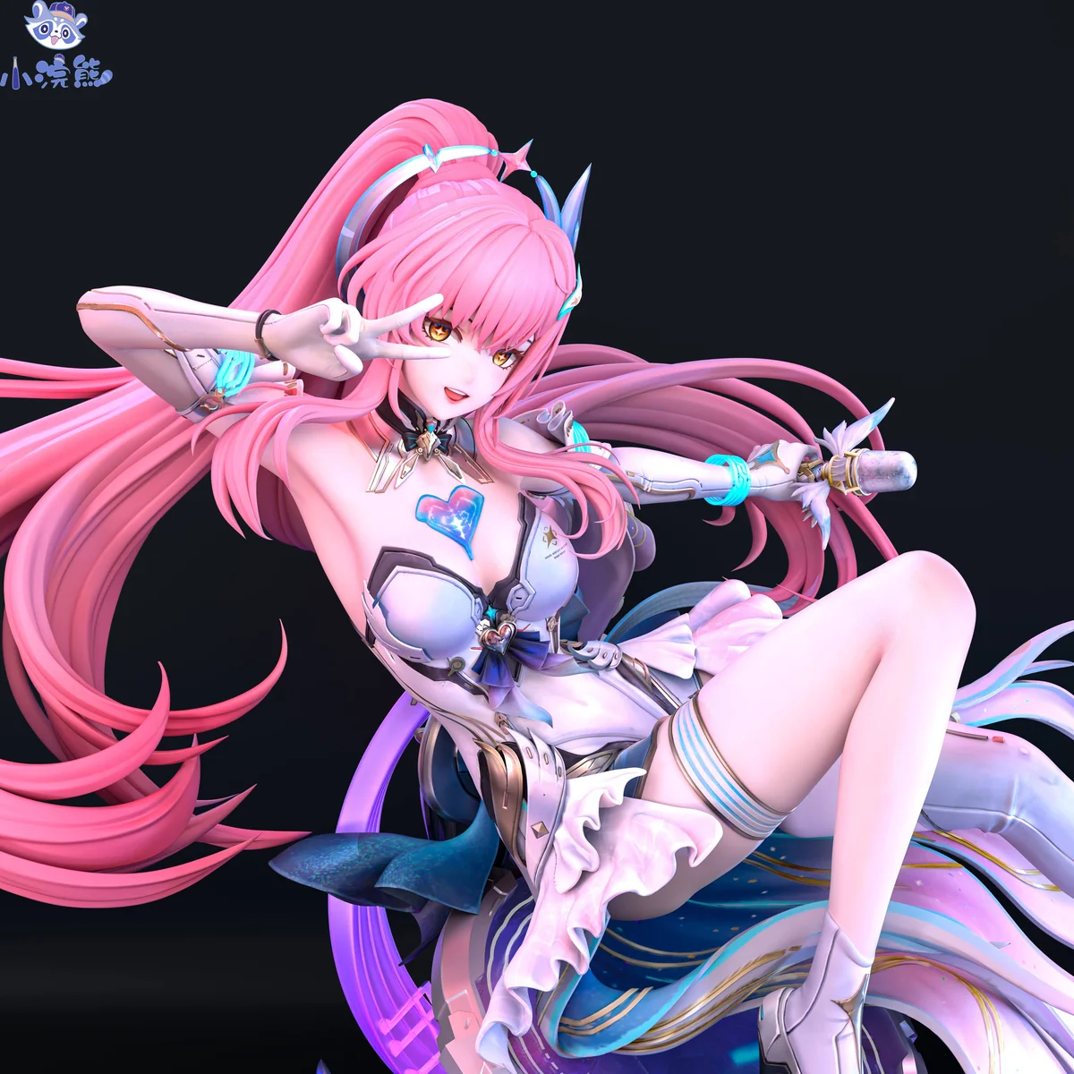 "Limited Edition 1/6 Aimisi Fantasy Resin GK Statue detail by Little Raccoon Studio. Focus on ethereal character's flowing pink hair, dynamic pose."