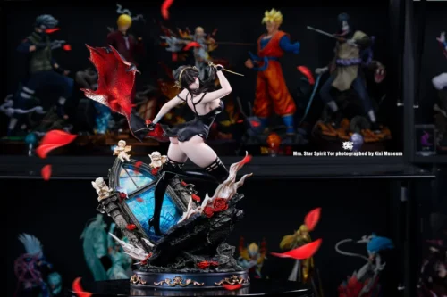 "1/4 Yor Forger 'Shattered Mirror' Spy x Family statue. Gallery shows dynamic combat, elegant pose, and shattered mirror details."