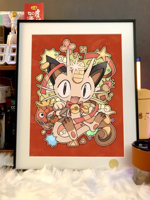 "Limited edition Cosmic Meowth & Magikarp art. See vibrant cosmic Pokemon art, lucky charm details, and collector-grade quality."
