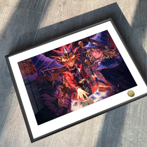 "Premium Limited Edition Yu-Gi-Oh! painting of Yugi, Dark Magician, Dark Magician Girl. Multiple views reveal vibrant art details and print quality."
