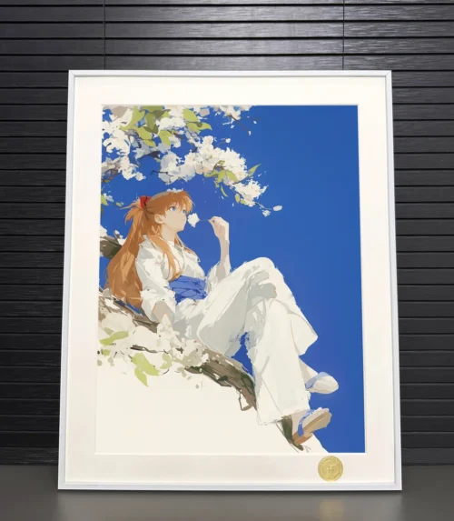 "Limited Edition Evangelion Asuka Langley Soryu art print. Detailed view of her contemplative pose and stylized pear blossom motifs. H-TWO Studio art."