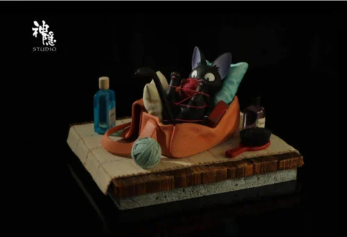 "Jiji's Playtime Kiki's Jiji figure. Cozy, detailed diorama showing real textures, playful accessories, and details from all angles."