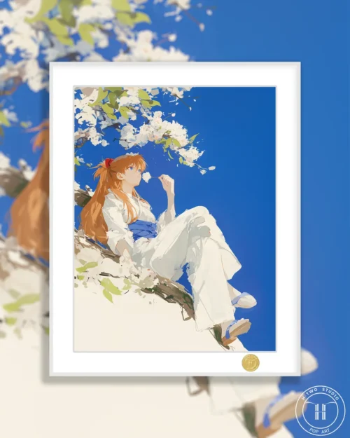 "Limited Edition Evangelion Asuka Langley Soryu art print. A stylized, contemplative pose with subtle pear blossoms, showcasing this premium collector."
