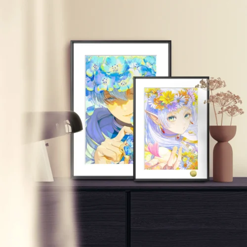 "Elegant Frieren & Himmel fan art print, a limited edition hand-numbered decorative painting from Frieren: Beyond Journey's End."