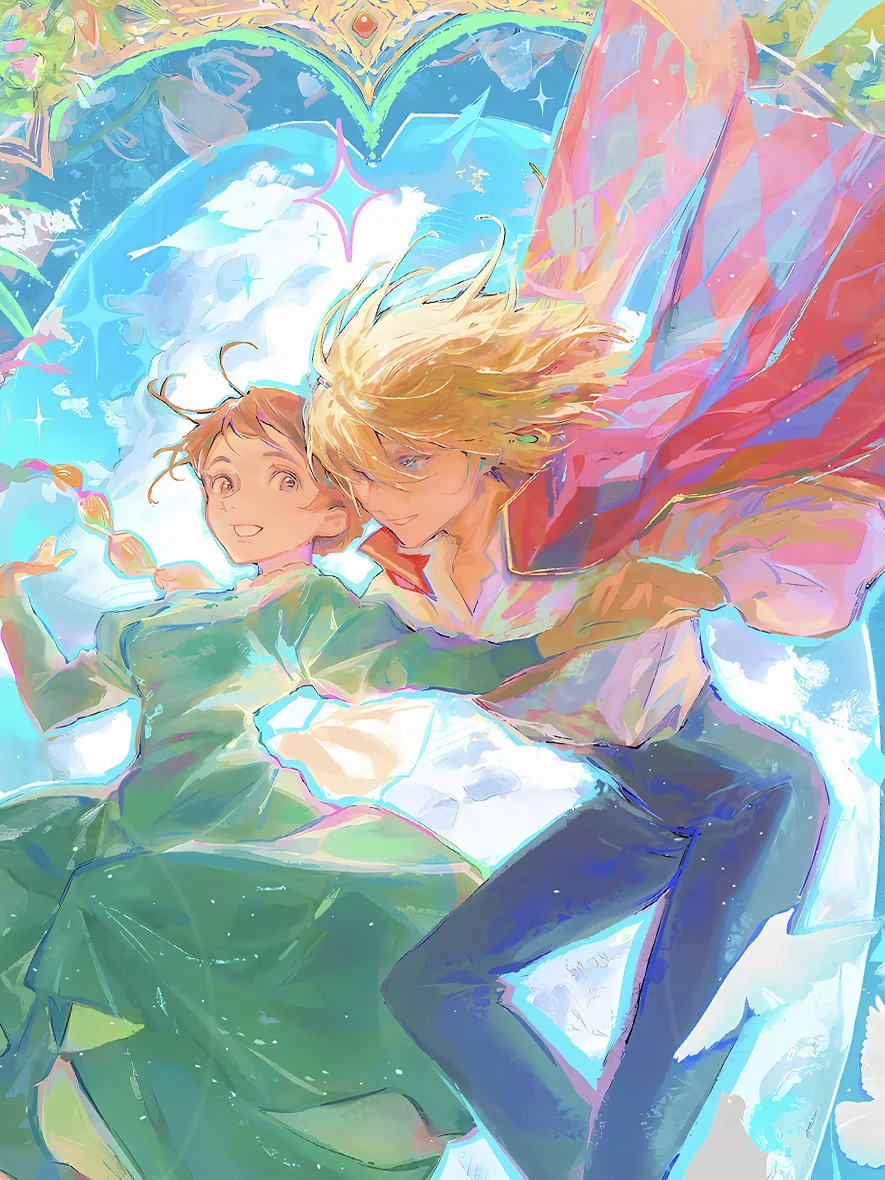 "Close-up of the handcrafted, limited edition Howl's Moving Castle stained glass art print, revealing intricate details of its starry sky design."