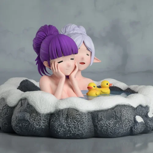 "Exclusive Frieren & Fern Hot Spring Frieren figure by MMLAND Studio, detailed from multiple angles. Premium Frieren: Beyond Journey's End collectible.“