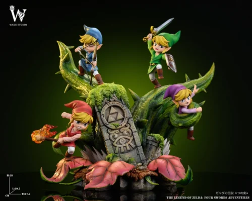 "Dynamic Link The Legend of Zelda Four Swords Adventures resin statue by Wake Studio, featuring five Links in action on a vibrant, intricate base."