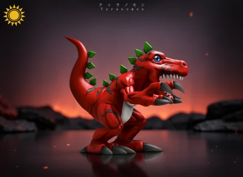 "Premium Polystone Megadramon Digimon statue, with intricate mechanical dragon details, dynamic pose, and dark industrial aesthetic from a unique angle."