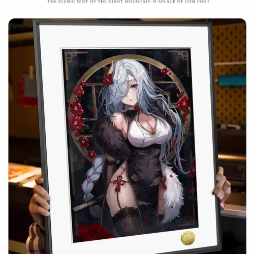 "Limited edition, hand-numbered Genshin Impact Shenhe art print by Huang Gua Studio. Multiple angles reveal its elegant metallic frame and voluptuous