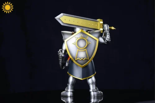 "Knightmon Digimon resin statue. Premium Polystone, exquisite detail. Heroic armored, intricate medieval fantasy design from multiple angles."