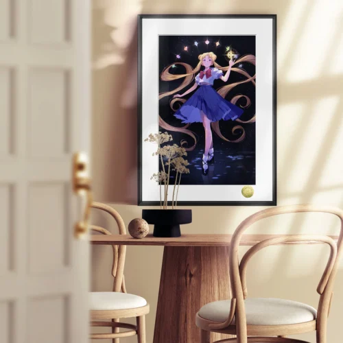 A close-up view of the premium Sailor Moon art print, highlighting Usagi Tsukino's elegant pose and the moonlight's glow.