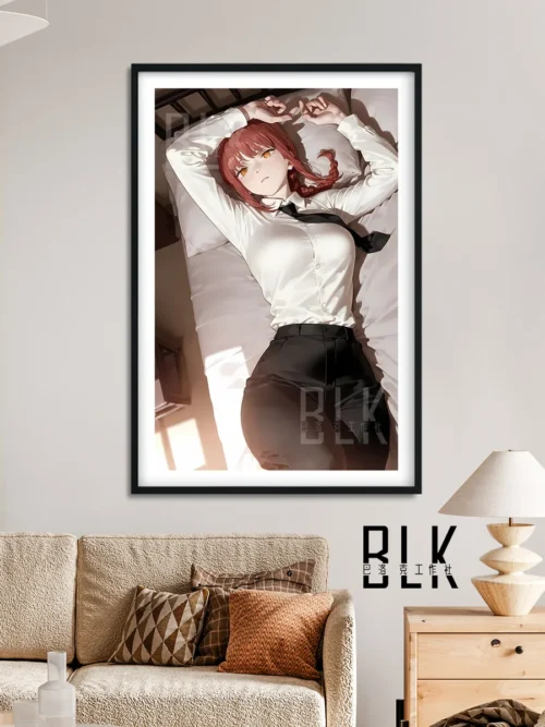 "Elegant Baroque style Makima lying pose decorative painting, showcasing intricate artistic details and serene aesthetic for Chainsaw Man fans."