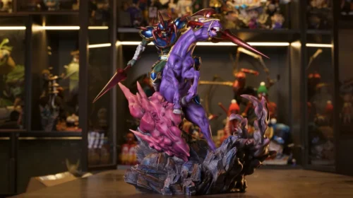 "Dynamic, ultra-limited WASP Studio Yu-Gi-Oh! Dark Knight Gaia statue, a swift knight on a spectral steed amidst vibrant battle smoke."