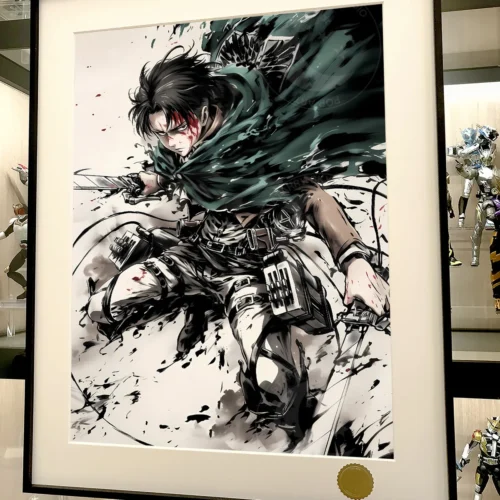 Premium Celestial Ink Wash Levi Ackerman Art Print, detailed view highlighting the dramatic starry sky and exquisite frame.