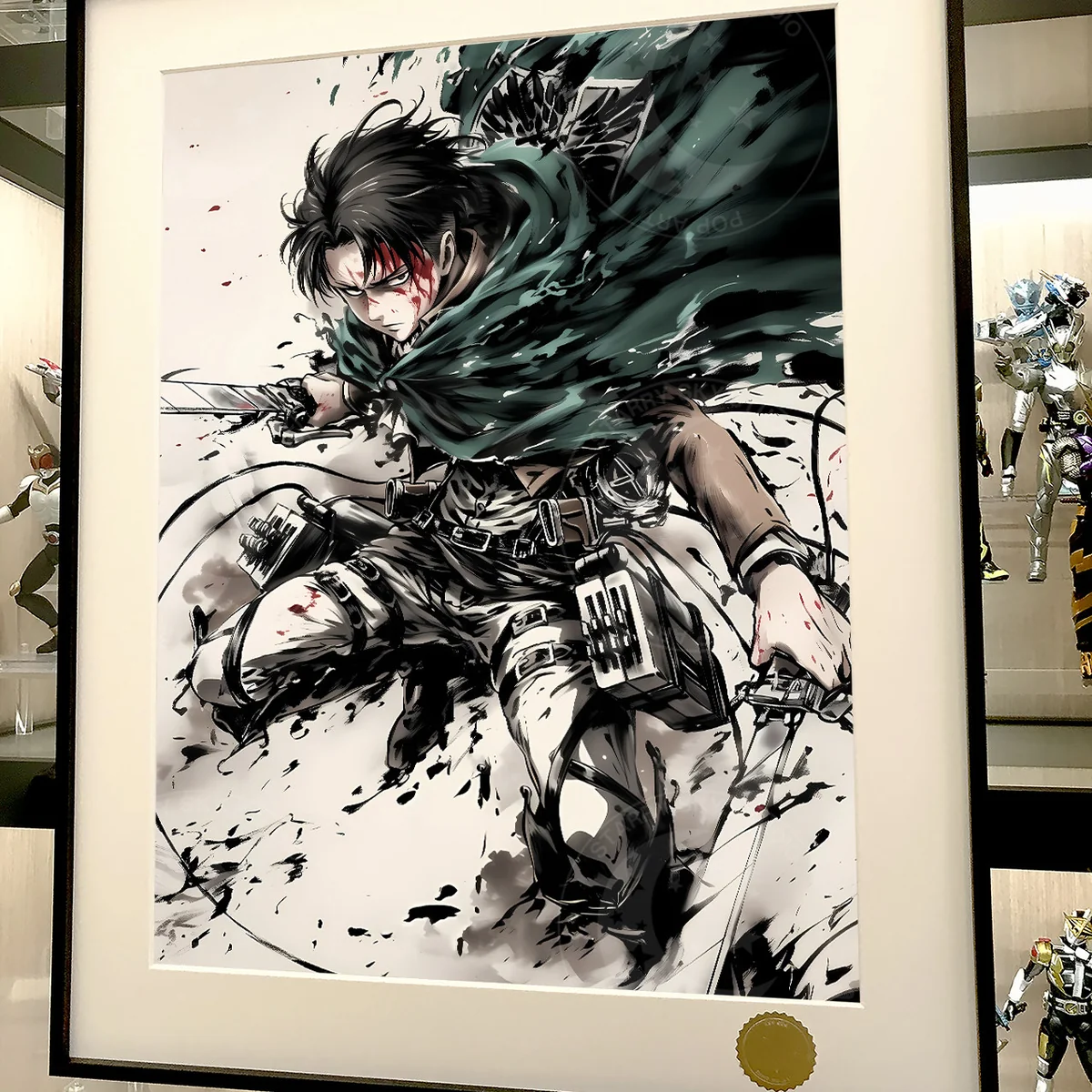 Premium Celestial Ink Wash Levi Ackerman Art Print, detailed view highlighting the dramatic starry sky and exquisite frame.