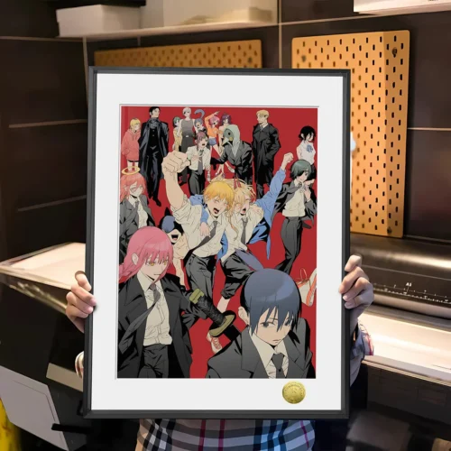 "Dynamic limited edition Chainsaw Man characters group illustration decorative painting by Huang Gua Studio. High-quality vibrant art print showcasing