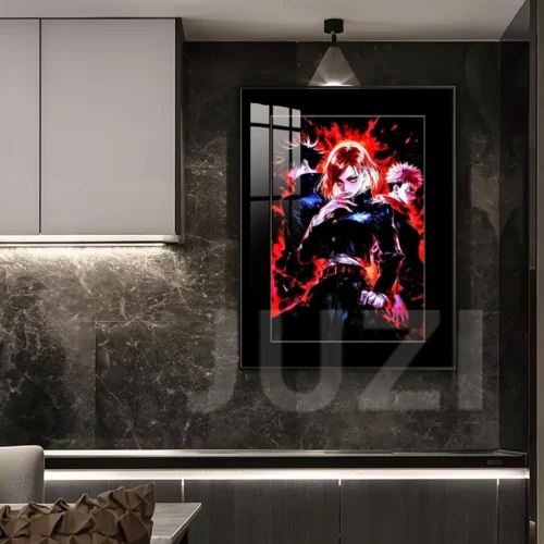 Vibrant Jujutsu Kaisen trio art print gallery, revealing dynamic character details and premium framing from multiple angles.