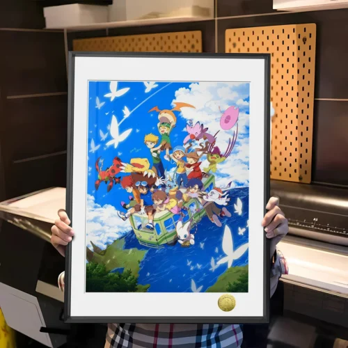 "Limited Edition Digimon Art Print: Dynamic artwork of Tai, Yamato, Agumon, and Gabumon. This hand-numbered collectible piece captures the Chosen Chil