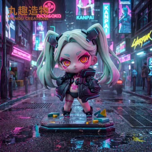 "Vibrant Q-version Rebecca Cyberpunk Edgerunners resin statue, showcasing her dynamic pose and iconic rebellious style. A premium anime figure."