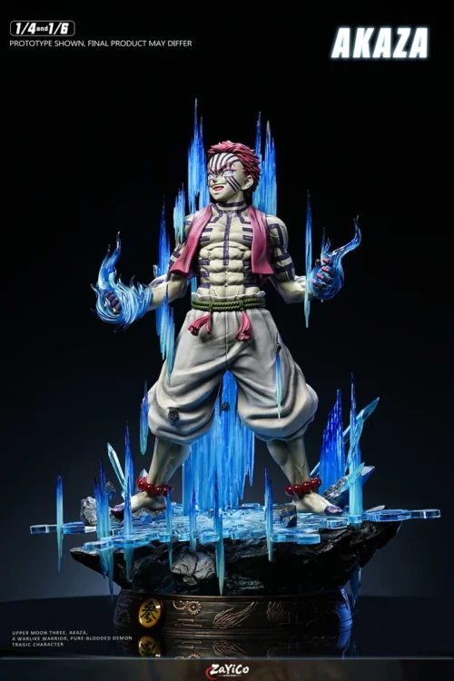 "Akaza Demon Slayer 1/6 & 1/4 LED resin statue. Dynamic pose, blue LED aura, and intricate tattoos from various angles."