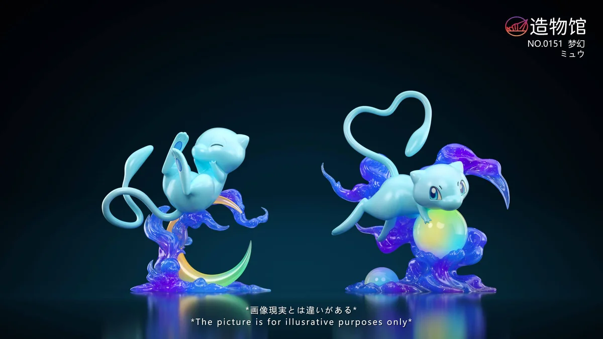 "Charming 1/20 Mew Pokemon statue by Zao Wu Guan Studio, displaying multiple dynamic poses and vibrant original or shiny colors from all angles."