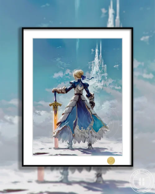 Elegant Saber silhouette from Fate/Grand Order contemplating a serene landscape, showcasing the premium Limited Edition Giclee Art Print by H-TWO Studo.