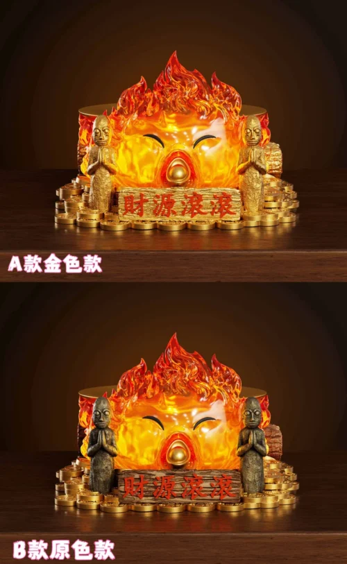 "Enchanting Calcifer lucky charm tray from Howl's Moving Castle, a playful resin statue with golden coins, ready for your small treasures."