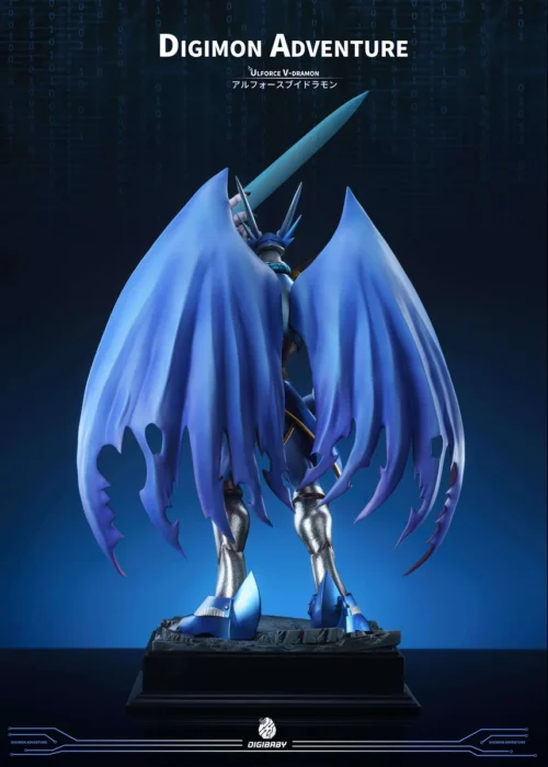 "Limited Edition UlforceV-dramon Digimon Resin Statue. High-detail sculpt, majestic dynamic pose, powerful aura, vibrant colors, multiple angles."