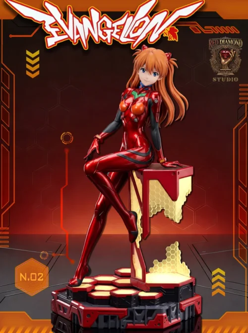 "Dynamic limited edition 1/6 scale Asuka statue by RED DIAMOND STUDIO, showcasing her in an iconic Neon Genesis Evangelion plugsuit action pose."
