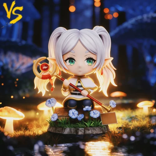 "Adorable Chibi Frieren: Beyond Journey's End premium resin statue by VS STUDIO, whimsically perched on a detailed tree stump."