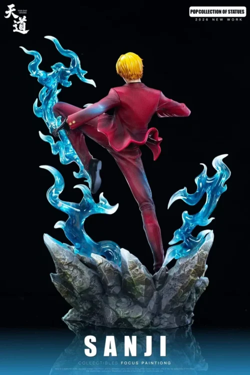 "Limited Edition 'Demon God' Sanji One Piece resin statue by TD Studio. Dynamic dark energy and fire details are visible from various angles."