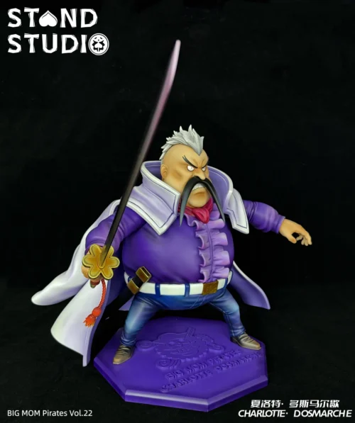 "Limited Edition POP Scale Charlotte Dosmarche One Piece statue. Dynamic pose, intricate details from Stand Studio, shown from various angles."