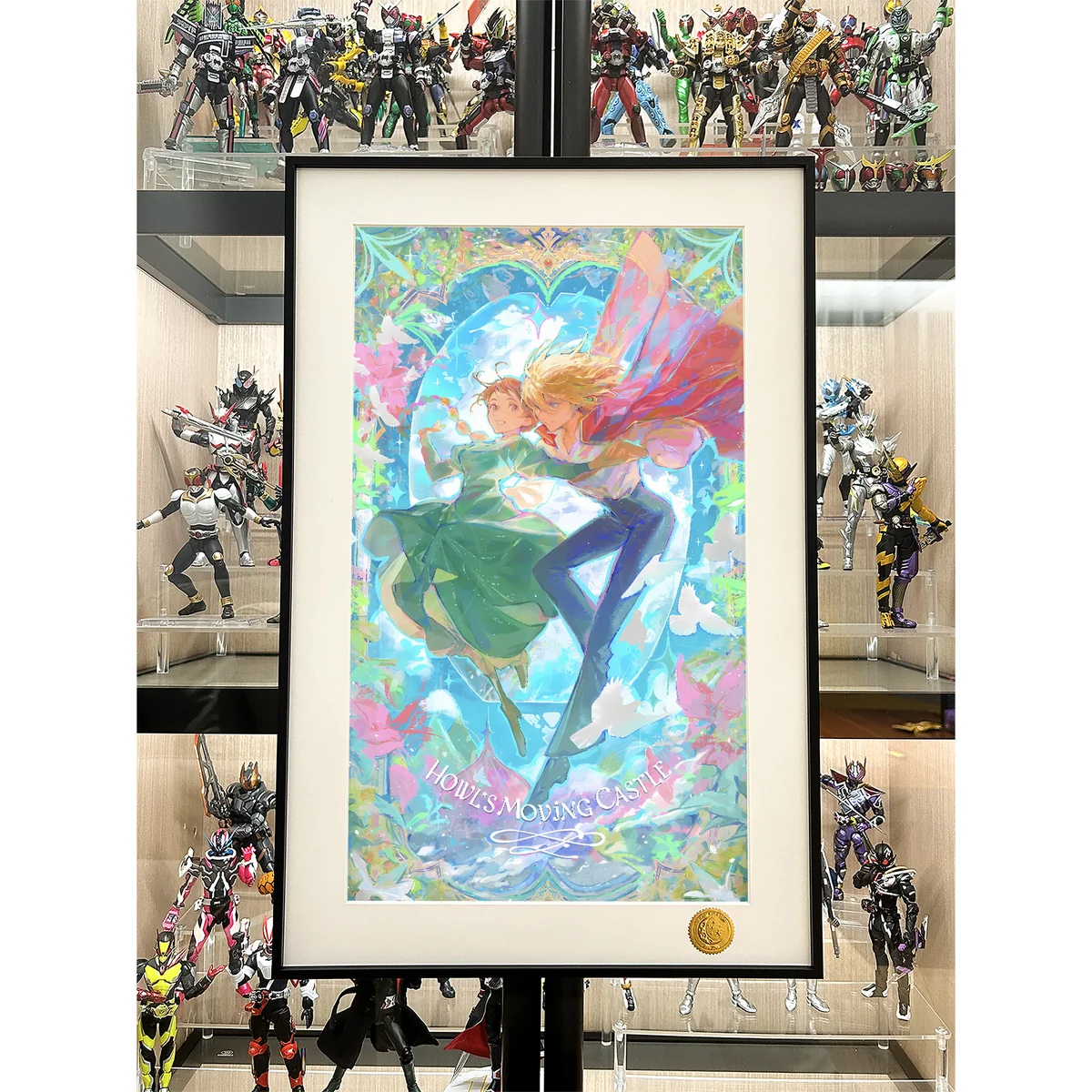 "Handcrafted Howl's Moving Castle stained glass decorative painting. Limited Ghibli art print with intricate castle and starry sky details."