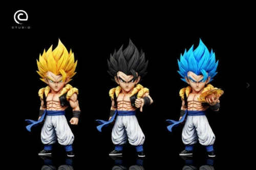 "Premium C-STUDIO Gogeta Dragon Ball figure with interchangeable heads, dynamically posed, showcasing Super Saiyan and Super Saiyan Blue forms."