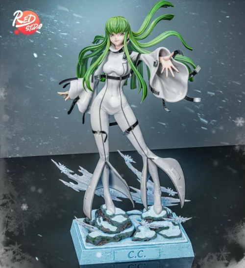 "Detailed views of the limited edition C.C. Code Geass resin statue, highlighting her seductive wet-look outfit and elegant sculptural details."