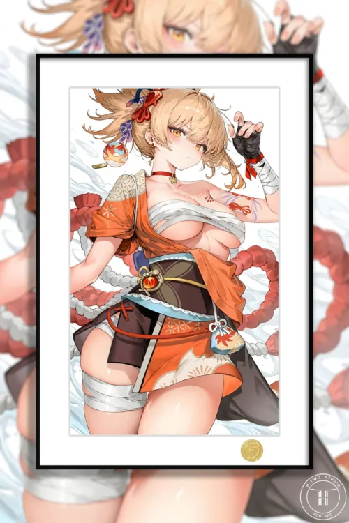 Limited Edition Genshin Impact Yoimiya art print by H-TWO Studio, featuring a vibrant, dynamic anime illustration of Yoimiya in a fiery pose.