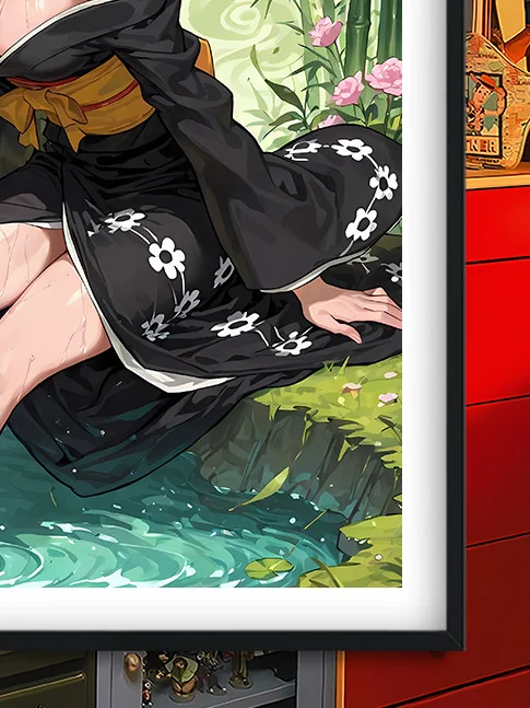 "Premium framed One Piece Perona painting gallery. See the unique style, vibrant Japanese setting, and delicate floral motifs from various angles."