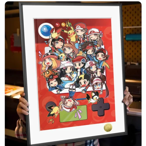 "Vibrant Q-version Pokémon Handheld Adventures art print, elegantly framed. Limited edition artwork showcasing artistic characters and classic game."