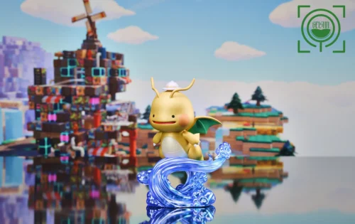 "Exclusive Ditto Dragonite figure by GEISHA Studio, capturing a playful Ditto mid-transformation into majestic, gliding Dragonite. A premium Pokemon."