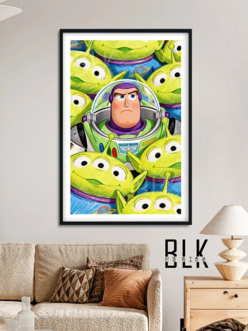 "Close-up of the premium framed Toy Story Baroque painting, showcasing the whimsical Buzz Lightyear and Little Green Men."
