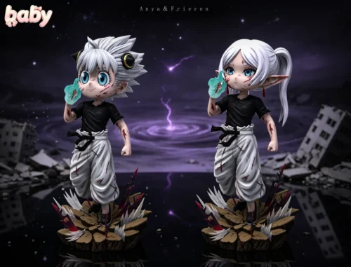 "Exclusive main image of Anya & Frieren playfully cosplaying battle-damaged Gojo. A dynamic crossover resin statue showcasing limited edition details."