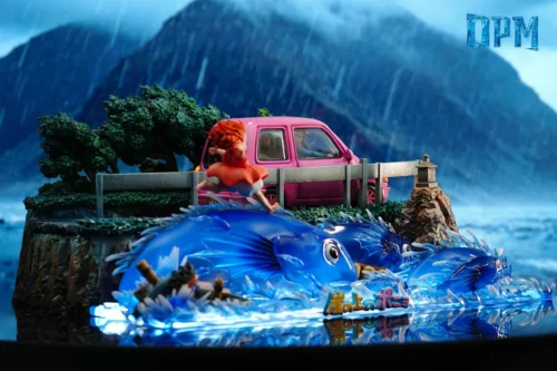 "Explore detailed angles of the stunning Ponyo & Sosuke LED resin diorama, highlighting intricate sculptural details of the vibrant, illuminated coast.“